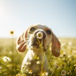 dog smelling flower in a field