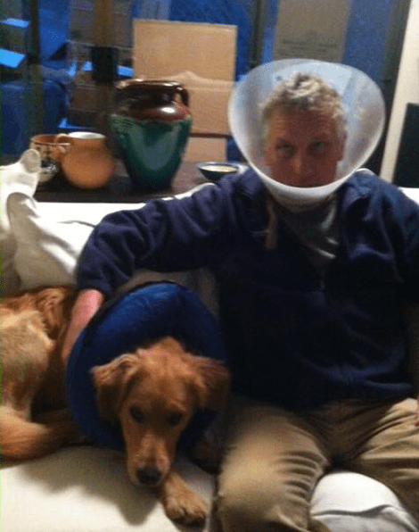 dog and owner both wearing cone collars