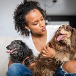 woman with two dogs on couch