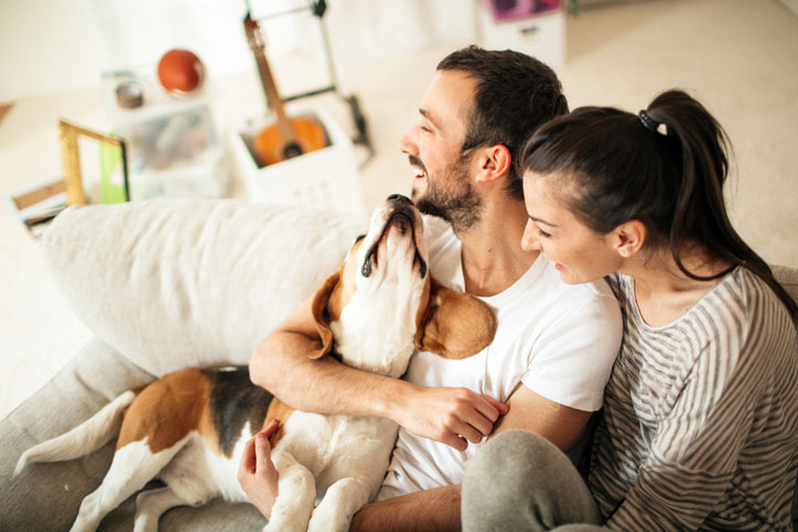 Couple and dog at home