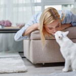 woman kissing white cat