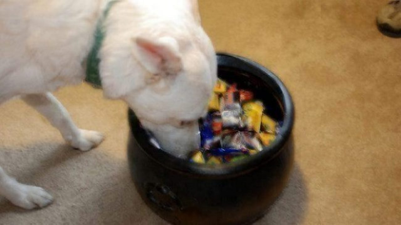 dog looking at candy bowl